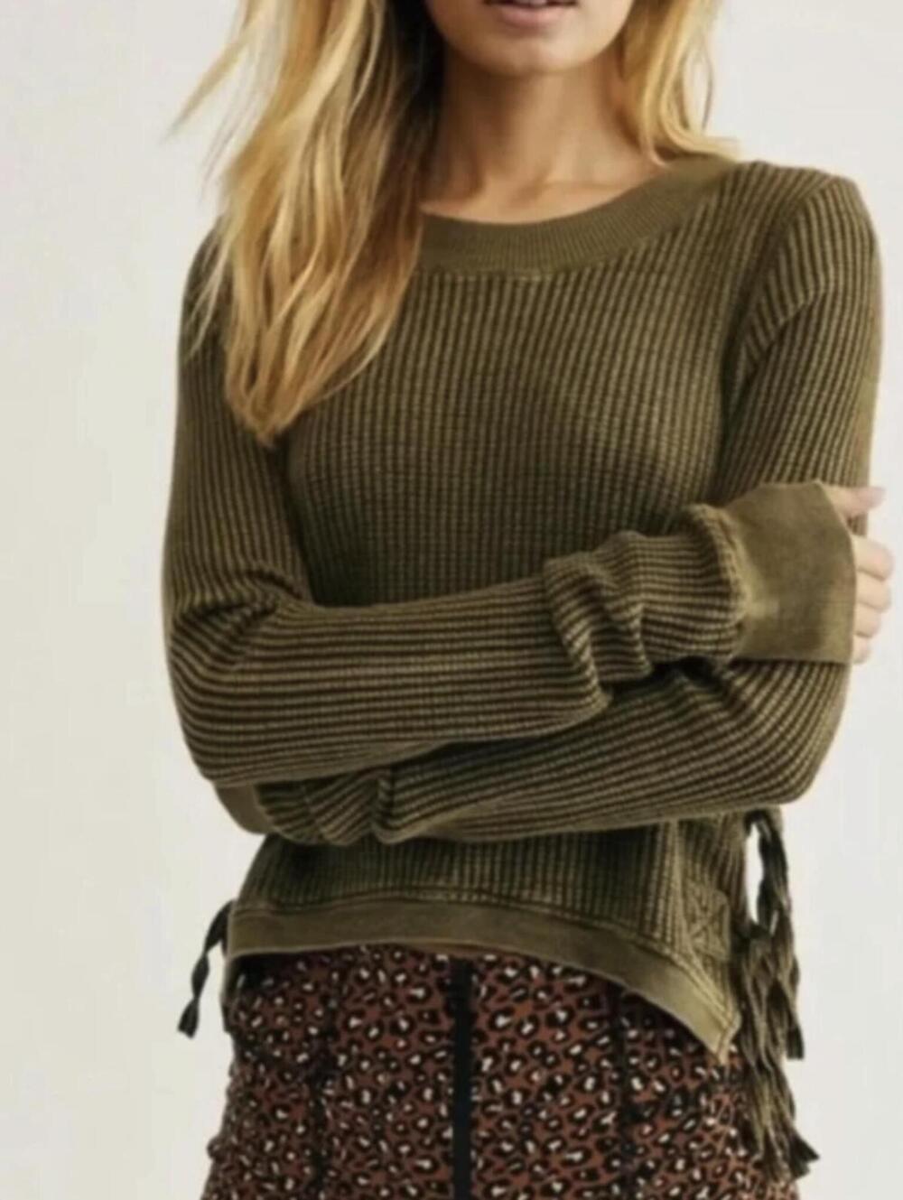 Free People One Olive Green Side Ties Waffle Knit Thermal Top - Size - Small